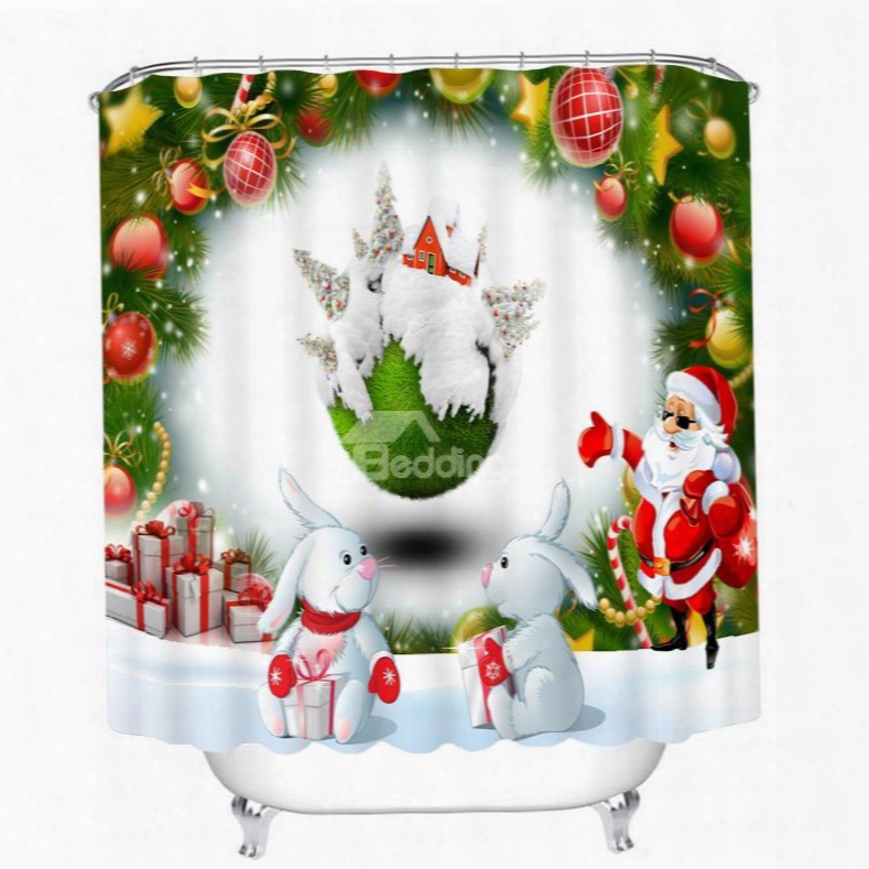 Santta With Sunglasses And Cute Rabbits Printing Christmas Theme Bathroom 3d Shower Curtain
