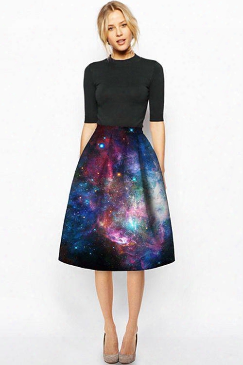 Shining Starry Sky Pattern 3d Painted Midi Skirt