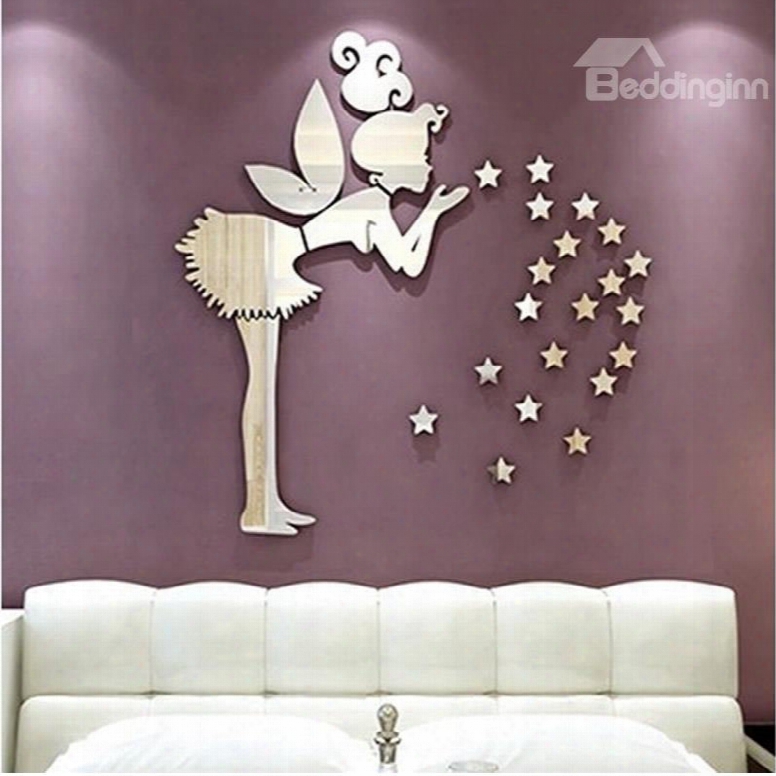 Silver Angel Andf Ive-pointed Stars Acrylic Mirror Waterproof And Eco-friendly 3d Wall Stickers