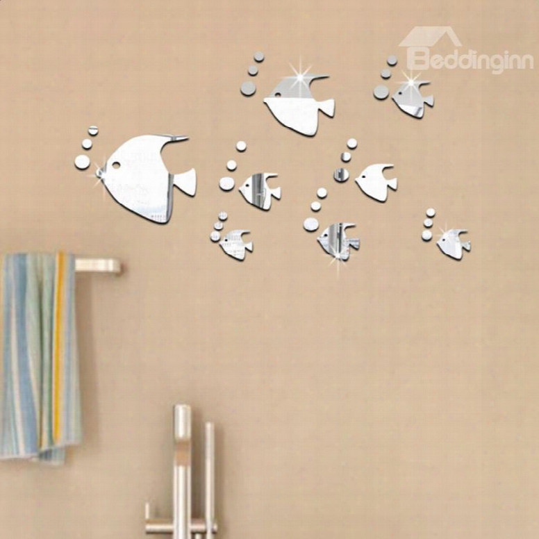 Silver/golden Bubble Fishes Pattern Acrylic Mirror Waterproof And Eco-friendly 3d Wall Stickers
