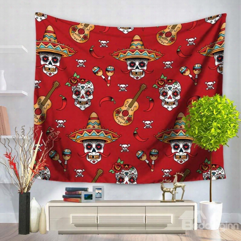 Skull Clown And Guitar Design Red Decorative Hanging Wall Tapestry
