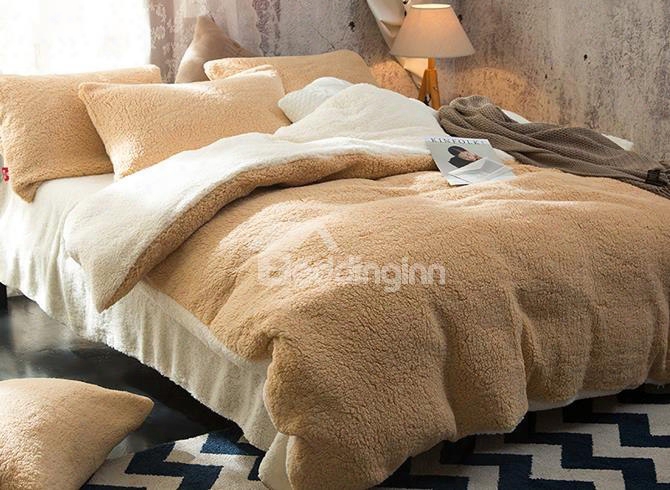 Solid Camel And White Reversible Polyester Faux Sherpa 4-piece Bedding Sets/duvet Cover