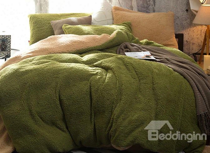 Solid Green And Camel Reversible Polyester Faux Sherpa 4-piece Bedding Sets/duvet Cover