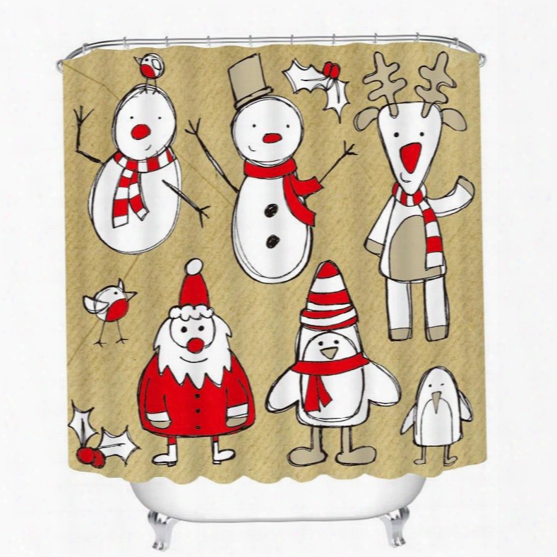Stick Figures Santa Snowman And Reindeer Printing Christmas Theme Bathroom 3d Shower Curtain