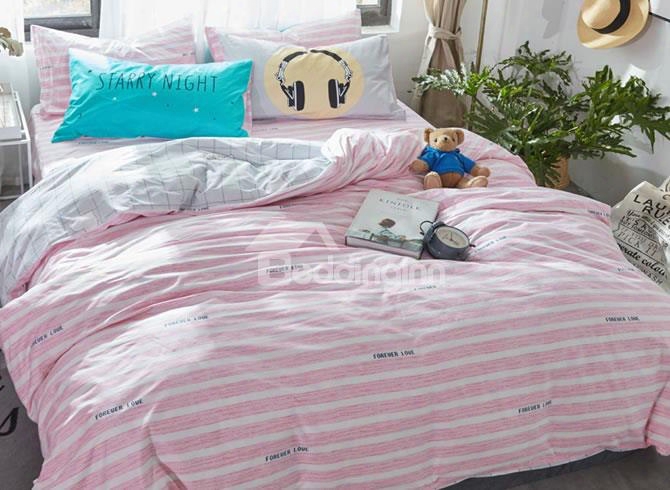 Stripes Printed Cotton Pink And White Kids Duvet Covers/bedding Sets