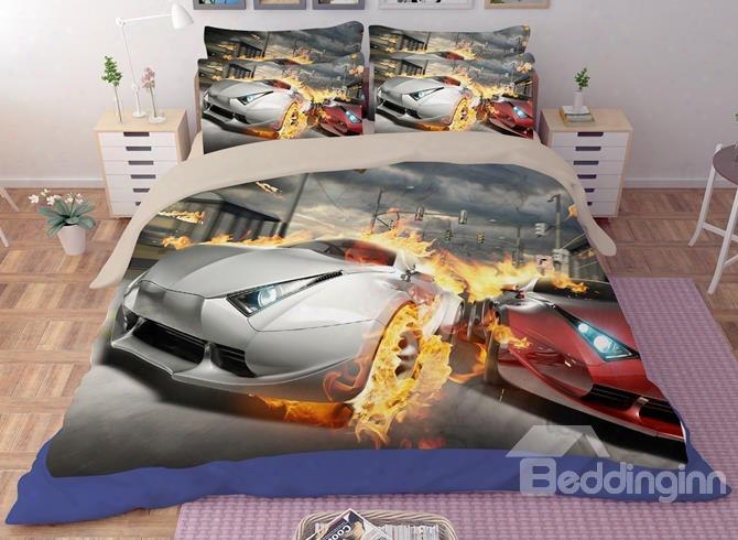 Stunning Automobile Race Print 4-piece Polyester Duvet Cover Sets