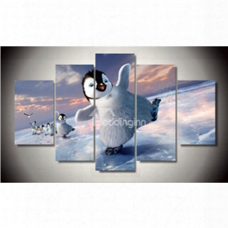 Swaggering Penguins Hanging 5-piece Canvas Eco-friendly And Waterproof Non-framed Prints