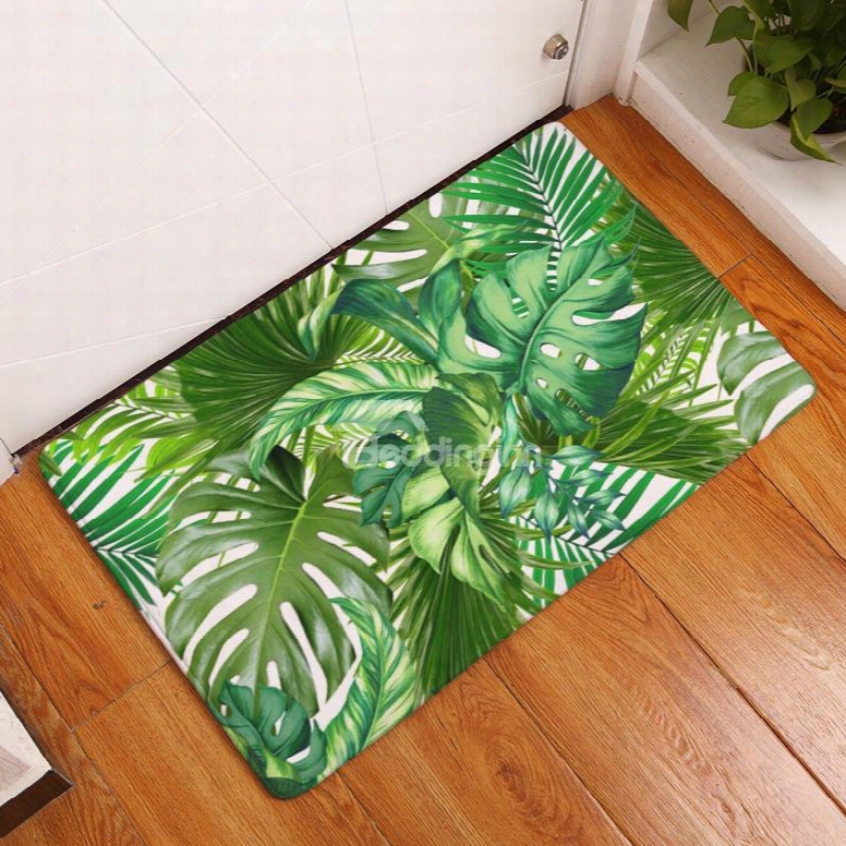 Tropiccal Plants Printed Flannel Green Bath Rug/mat