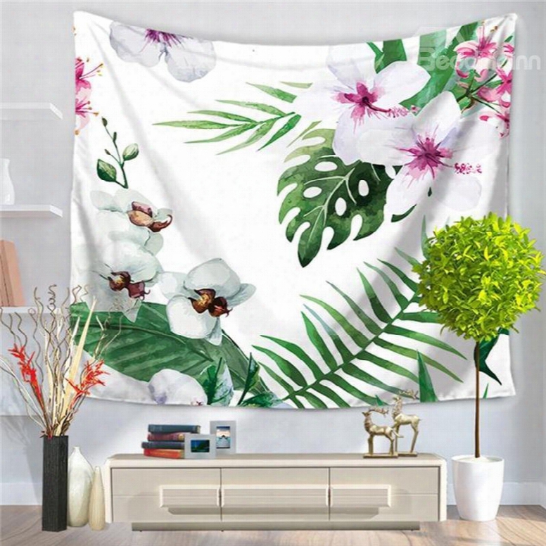 Tropical Wild Orchid Flowers With Palm Leaves Nature Artwork Dceorative Hanging Wall Tapestry