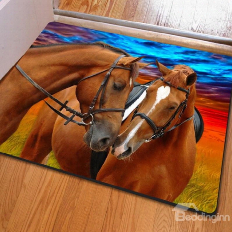 Two Lovey Romantic Horses Print Rectangle Decorative Non Slip Doormat