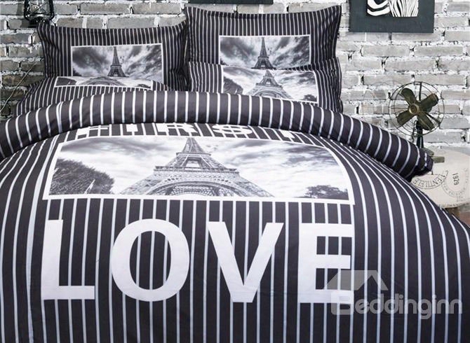 Unique Eiffel Tower Print 4-piece Polyester Duvet Cover Sets