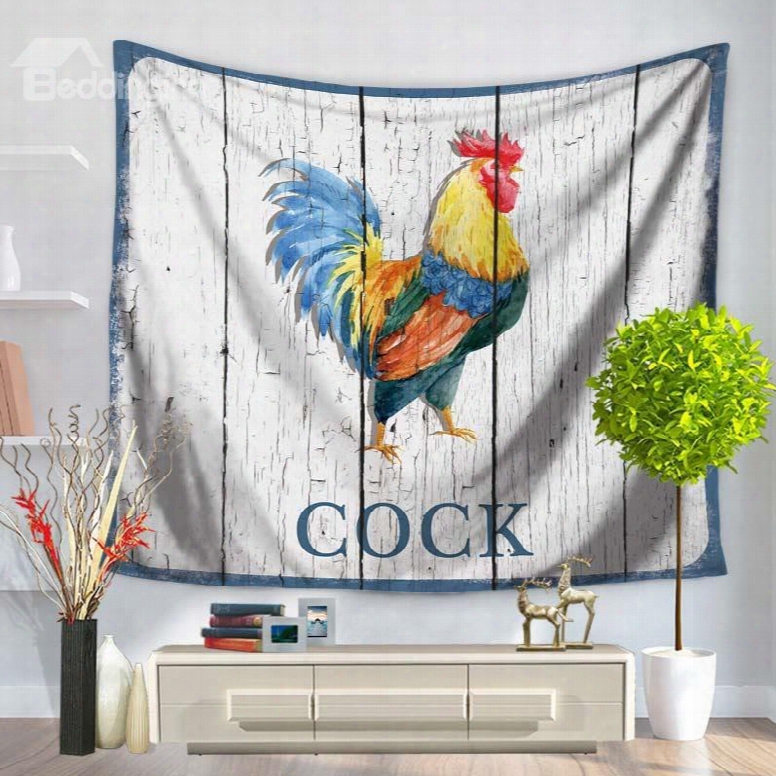 Valiantly And Spiritedly Rooster Cock With Wood Background Pattern Decorative Hanging Wall Tapestry