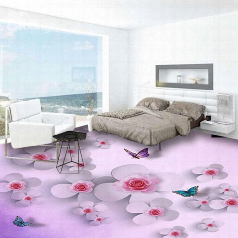 Warm Pink Flowers And Butterflies Pattern Home Decorative Waterproof 3d F Loor Murals