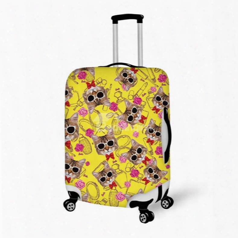 Washable Cat With Glasses Floral Waterproof Travel Zipper Nylon 3d Luggage Cover