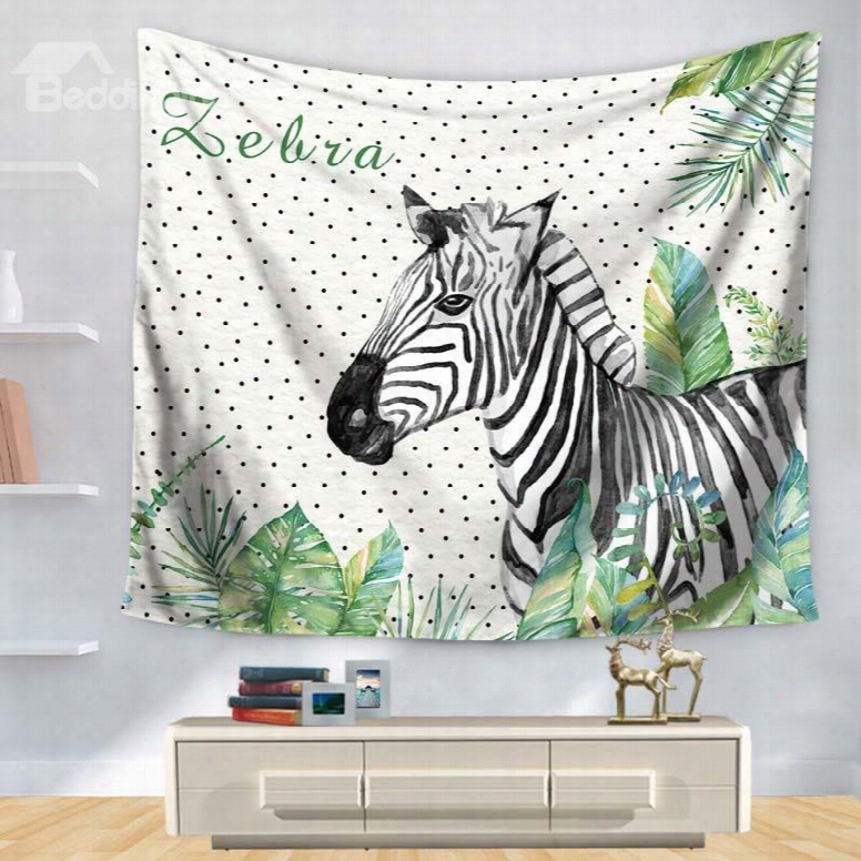Watercolor Artful Zebra With Green Palm Leaves Pattern Decorative Hanging Wall Tapestry