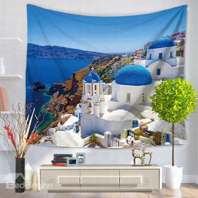 White Buildings And Blue Roof Coastal City Decorative Hanging Wall Tapestry