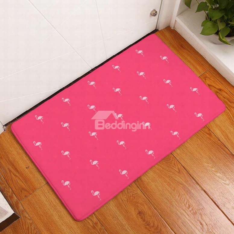 White Flamingos Printed Flannel Pink Bath Rug/mat