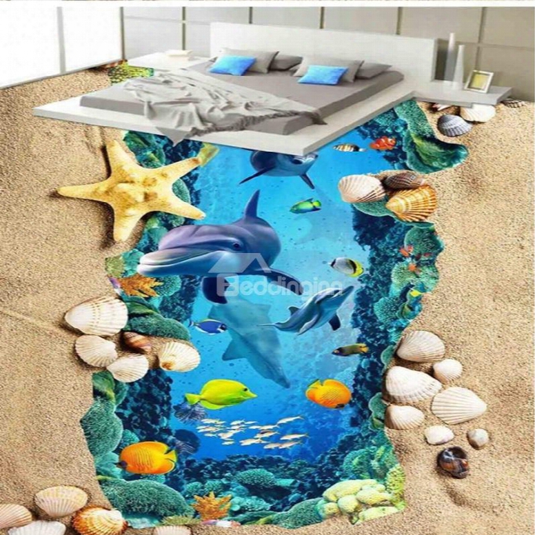 Wonderful Dolphin In The Sea And Beach Scenery Wallpaper Waterproof 3d Floor Murals