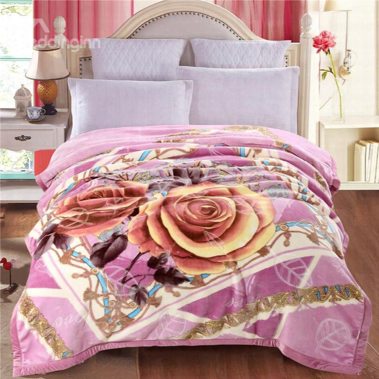 Yellow Roses Blooming Printed Purple Plush Flannel Fleece Bed Blanket