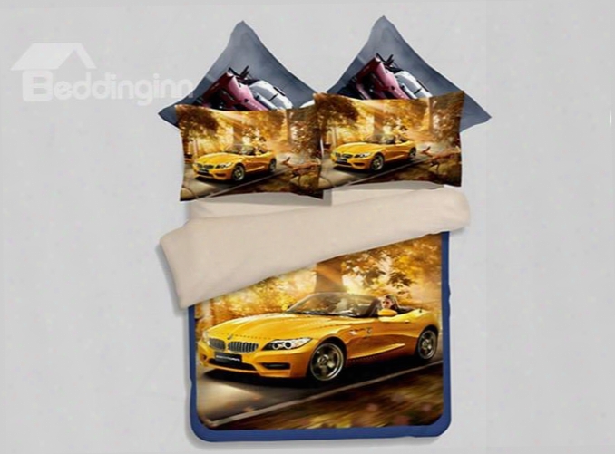 Yellow Running Car Print 4-piece Polyester Duvet Cover Sets