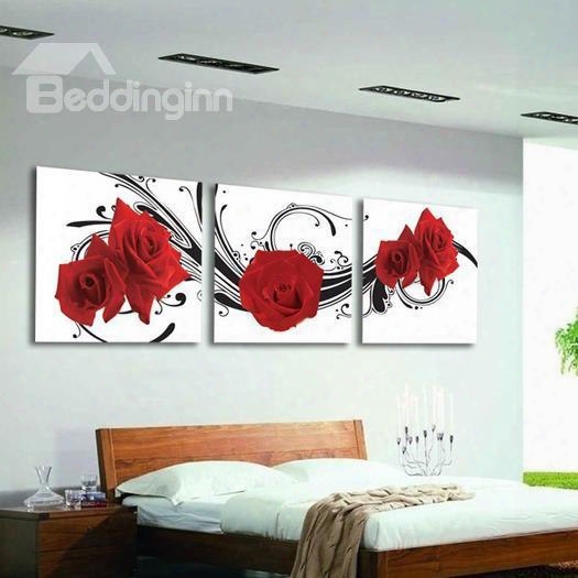 16␔16in␔3 Panels Red Roses Hanging Canvas Waterproof And Eco-friendly Framed Prints