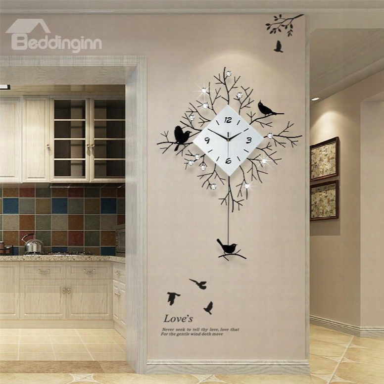 30␔22in Golden/black Branches And Birds Iron And Diamond Battery Eco-friendly Wall Clock