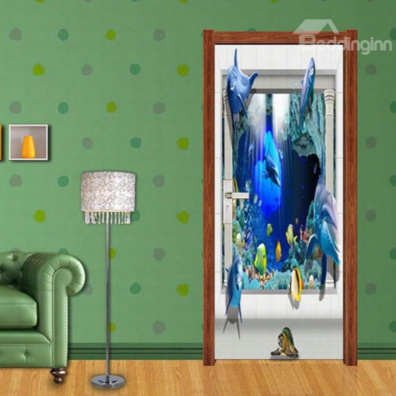 30ãƒâ�”79in Fishes Dolphins Pvc Environmental Waterproof Self-adhesive 3d Door Mural