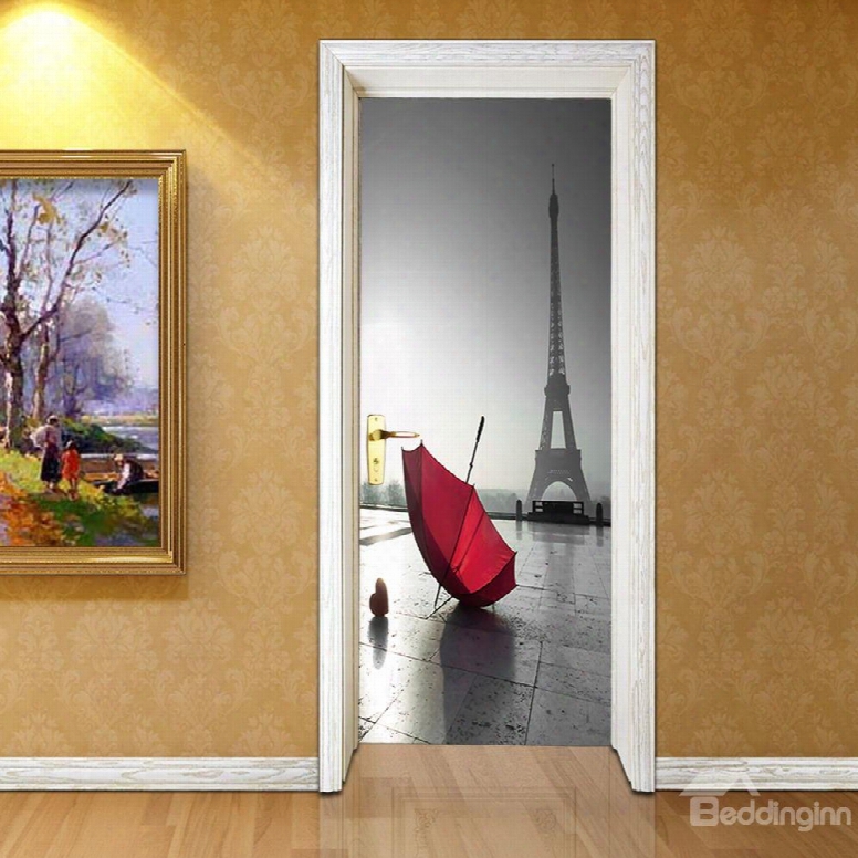 30␔79in Red Umbrella And Grey Tower Pvc Environmental And Waterproof 3d Door Mural