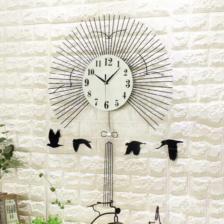 34␔24in Black Fan Pattern Iron And Glass Durable And Mute Hanging Wall Clock