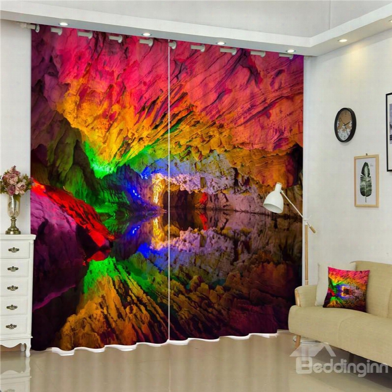 3d Amazing And Colorful Caves Printed Thick Polyester 2 Panels Blackout And Decorative Curtain