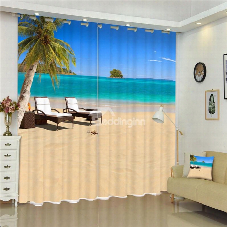 3d Beach And Leisure Chairs Printed Beautiful Sea Scenery 2 Panels Shading Curtain