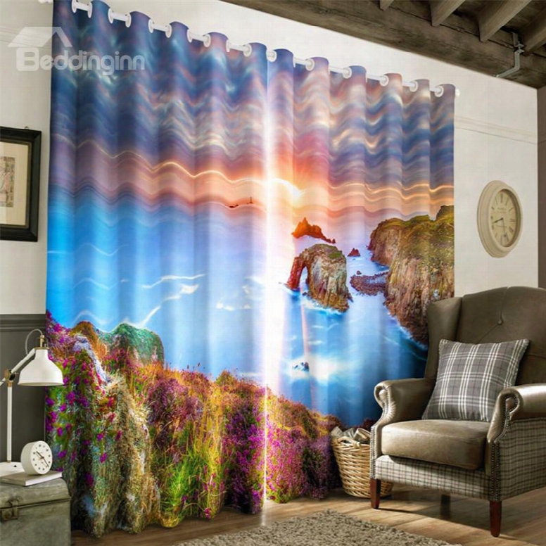 3d Beautiful Sunlight And Charming Flowers Printed Natural Style 2 Panels Curtain