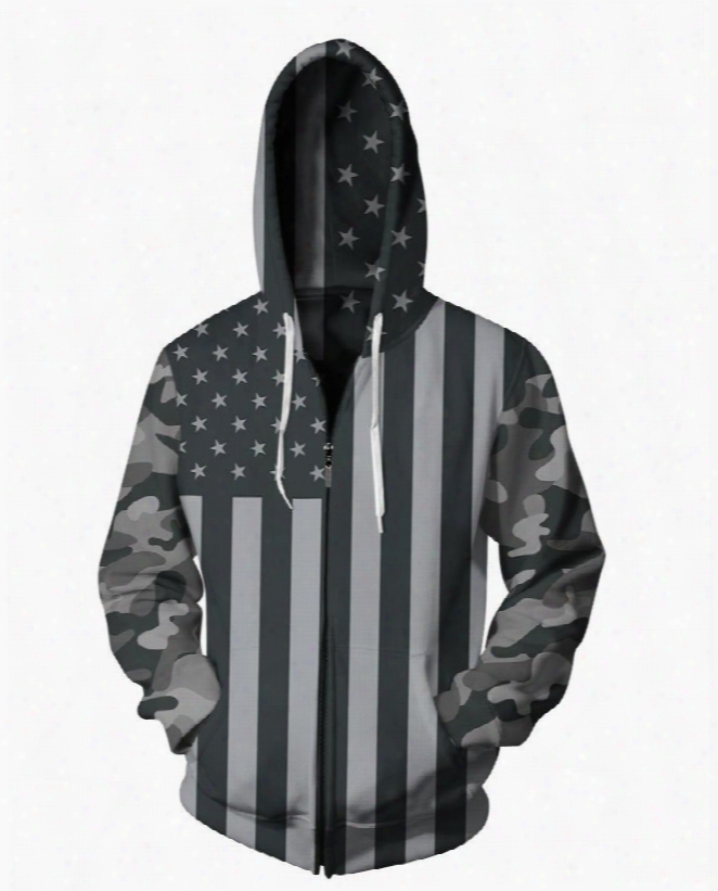 3d Back American Flag Print Cool Hoodies Pockets Zipper Jacket