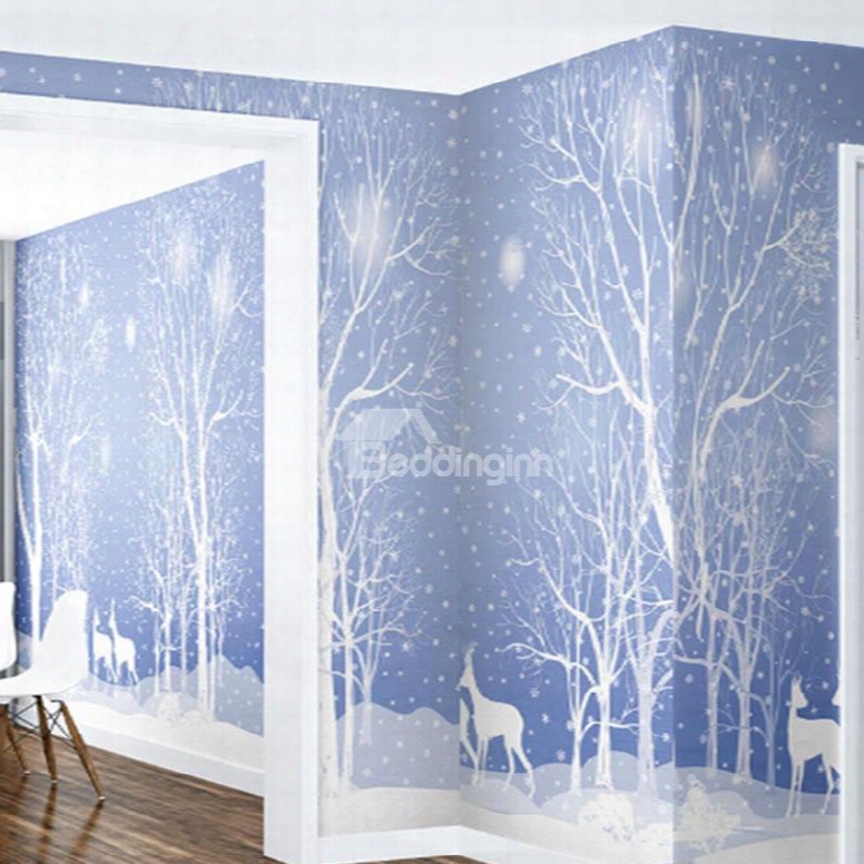 3d Blue Background With Trees And Deer Printed Sturdy Waterproof Eco-friendly Wall Mural