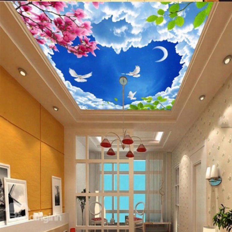 3d Blue Heart-shaped Sky Pink Flowers Waterproof Durable Eco-friendly Ceiling M Urals