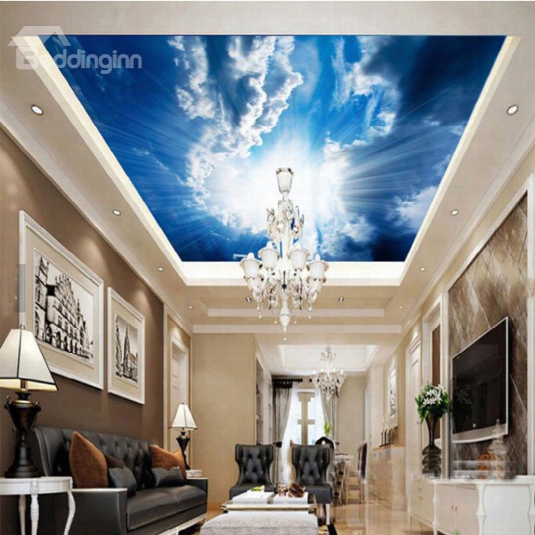 3d Bluee Sky Bright Sun Printed Pvc Waterproof Sturdy Eco-friendly Self-adhesive Ceiling Murals