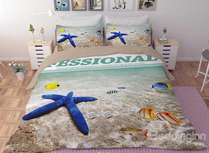 3d Blue Starfish And Tropiccal Fish Printed Polyester 4-piece Bedding Sets/duve Covers