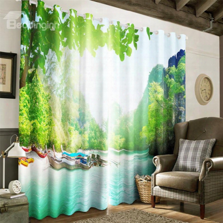 3d Bright Sunlight And Boats On The Sea Printed Decorative And Heat Insulation Curtain