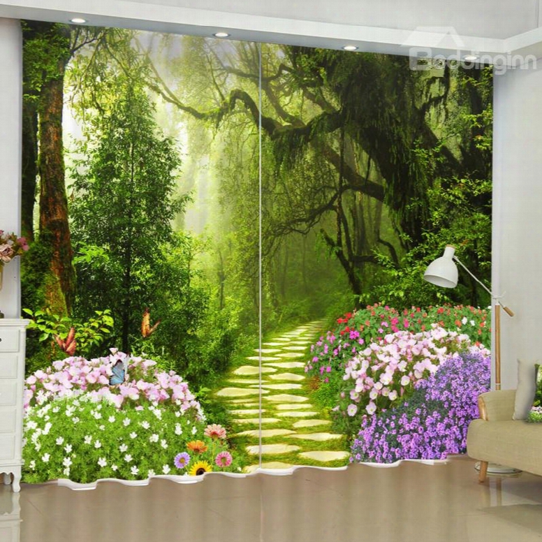 3d Charming Forest And Purple Flowers Printed Natural Scenery Custom Curtain