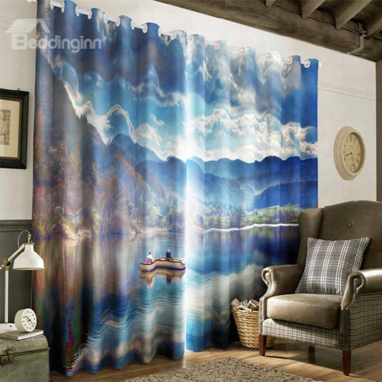 3d Clean And Peacefull Ake With Rowing Boat Printed Living Room And Bedroom Curtain