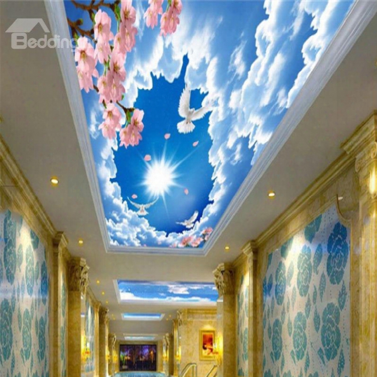 3d Clouds Pink Flowers Pattern Waterproof Durable And Eco-friensly Ceiling Murals