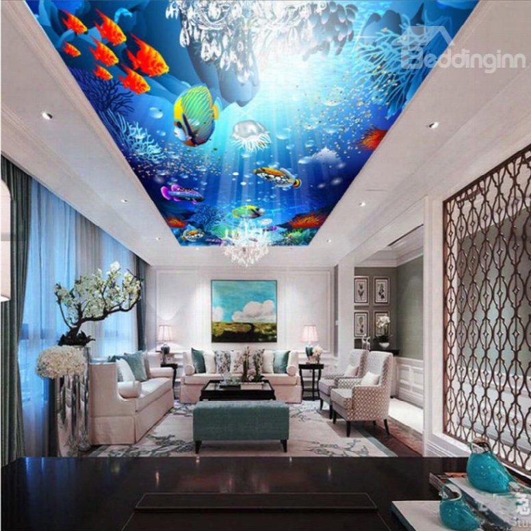 3d Colored Fishes In Blue Pvc Waterproof Sturdy Eco-friendly Self-adhesive Ceiling Murals