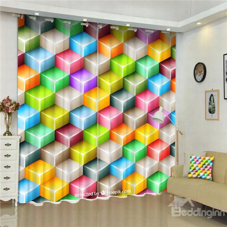 3d Colorful Checks Printed Thick Polyester Bedroom Decorative Custom Curtqin