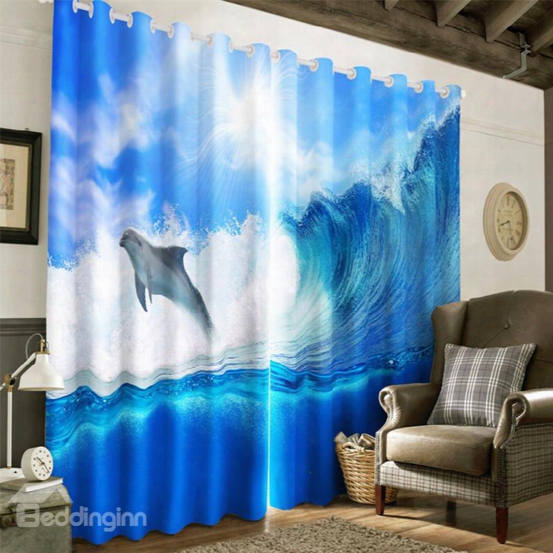 3d Dancing Dolphin And Choppy Seas Printeed Decorative And Heat Insulation Window Curtain