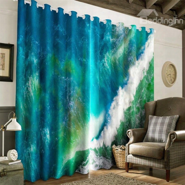 3d Dark Green Rolling Seas Printed Room Darken Heat Insulation Window Drapes