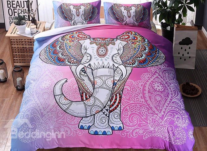 3d Elephant Printed Boho Style Polyester 3-piece Pink Bedding Sets/duvet Covers