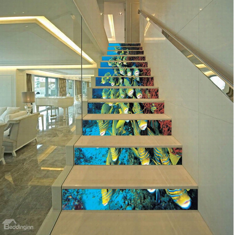 3d Fishes In Deep Sea 13-piece Printed Pvc Sturdy Waterproof Eco-friendly Stair Murals