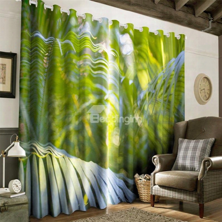 3d Fresh Green Plantain Leaves Printed Thick Polyester 2 Panels Decorative And Blakout Curtain