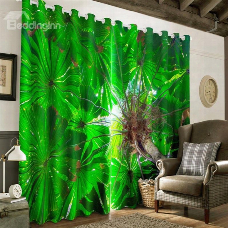 3d Green Leaves Printed 2 Panels Living Room And Bedroom Decorative Curtain