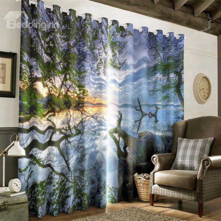 3d Green Trees And White Clouds Regular Scenery Printed 2 Panels Blackout Curtain